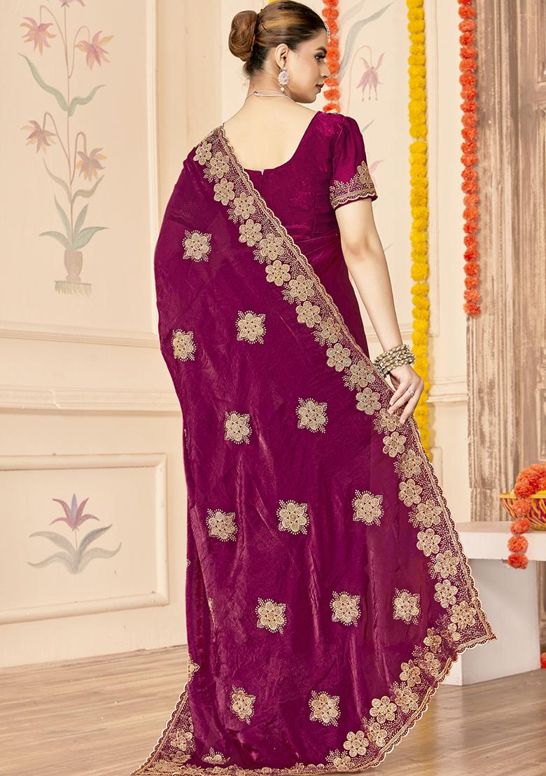 Wine Embroidered Silk Saree Set - Indya