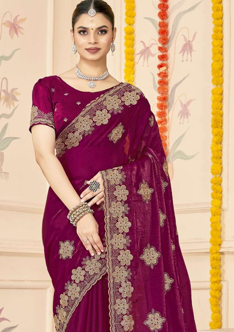 Wine Silk Blend Saree Set with Embroidered for Diwali | Wedding & Festive Wear - Indya
