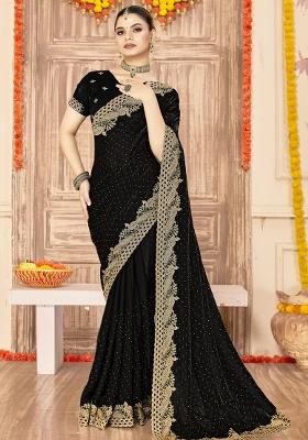 Black Embroidered Silk Saree Set