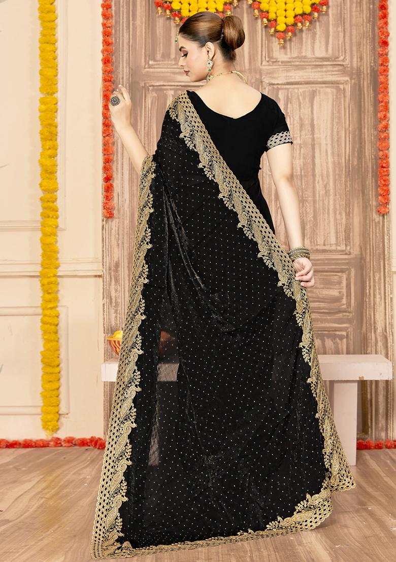 Black Embroidered Silk Saree Set - Indya