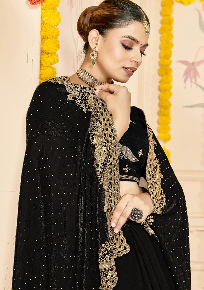 Black Embroidered Silk Saree Set - Indya