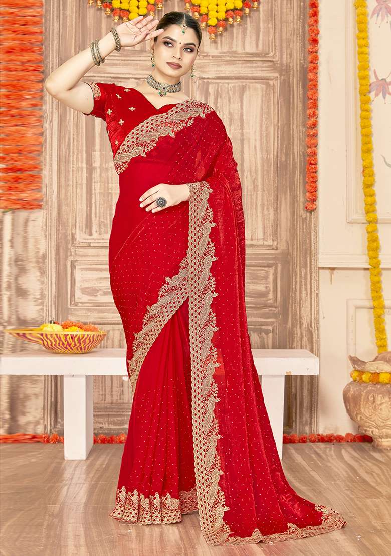 Red Embroidered Silk Blend Saree Set for Diwali and Festive Wear - Indya