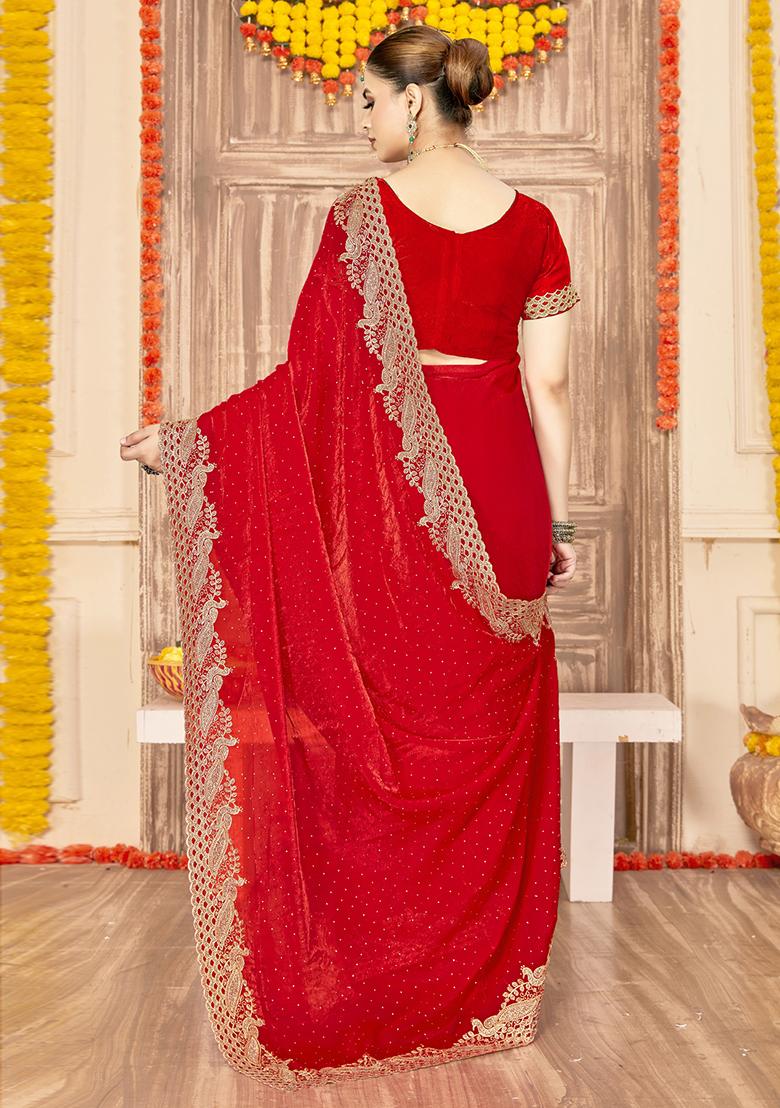 Red Embroidered Silk Saree Set - Indya