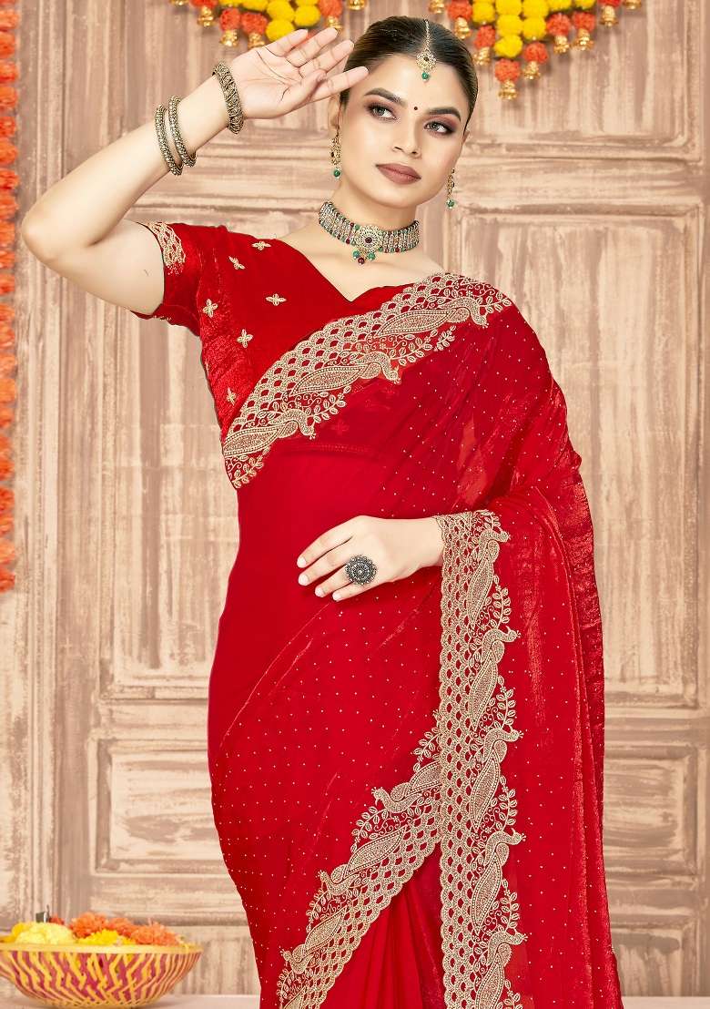 Red Embroidered Silk Blend Saree Set for Diwali and Festive Wear - Indya