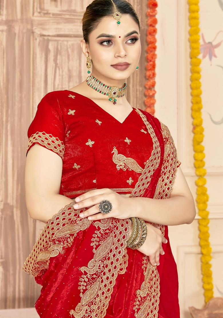 Red Embroidered Silk Saree Set - Indya
