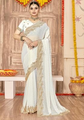 White Embroidered Silk Saree Set