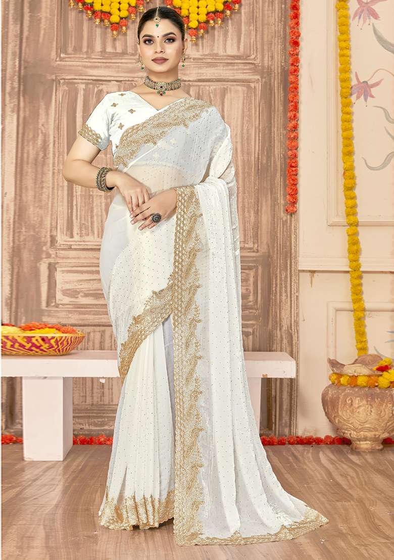 White Silk Blend Saree Set with Embroidered for Diwali | Wedding & Festive Wear - Indya