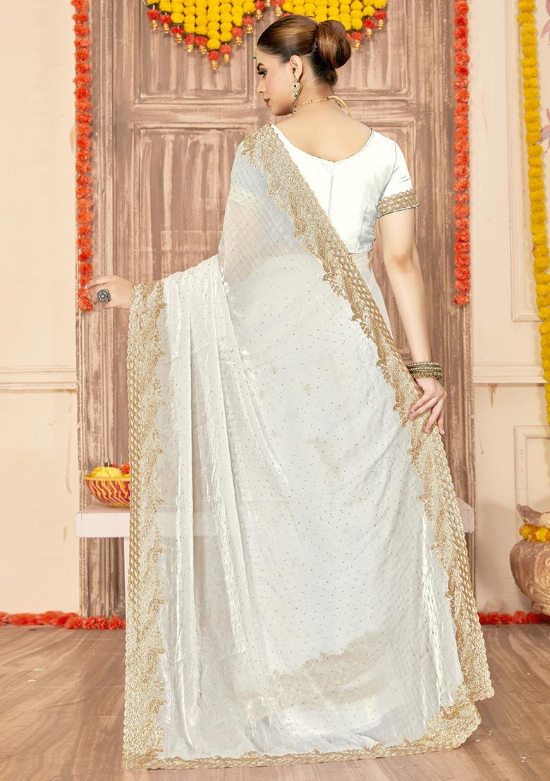 White Embroidered Silk Saree Set - Indya