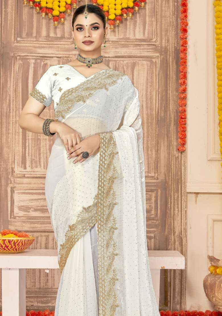 White Silk Blend Saree Set with Embroidered for Diwali | Wedding & Festive Wear - Indya