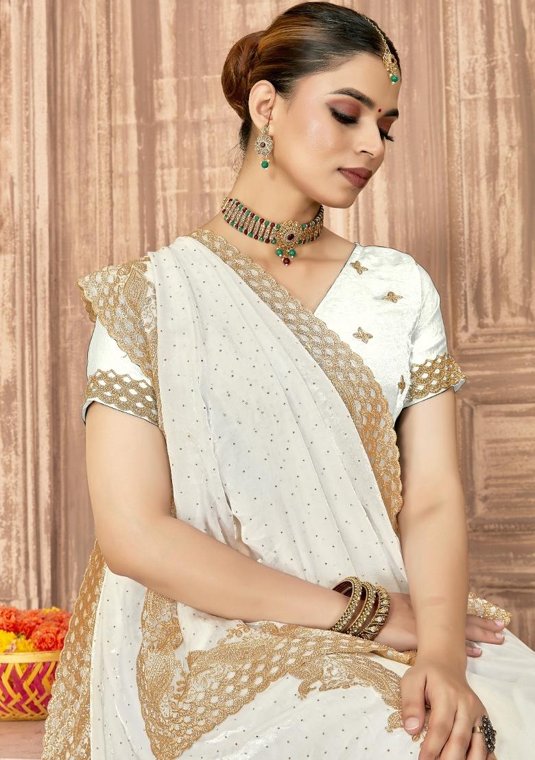White Embroidered Silk Saree Set - Indya