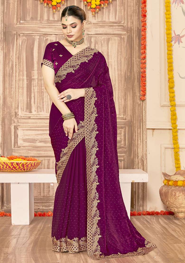 Wine Silk Blend Saree Set with Embroidered for Diwali | Wedding & Festive Wear - Indya