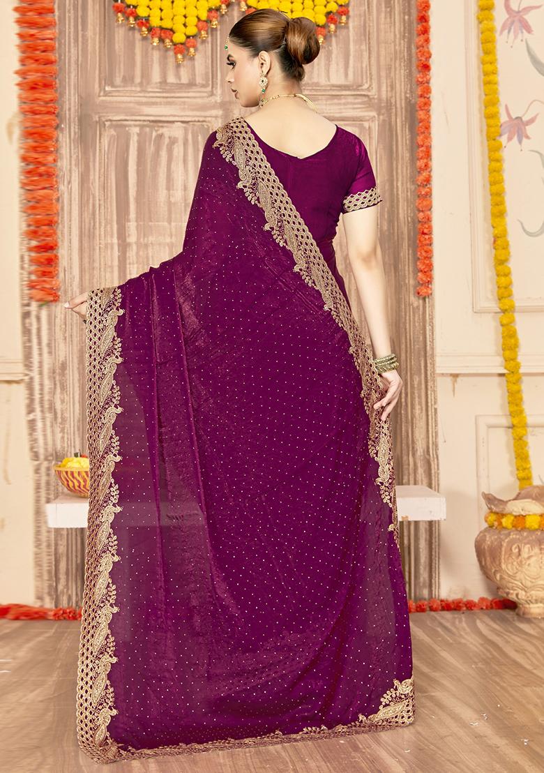 Wine Embroidered Silk Saree Set - Indya