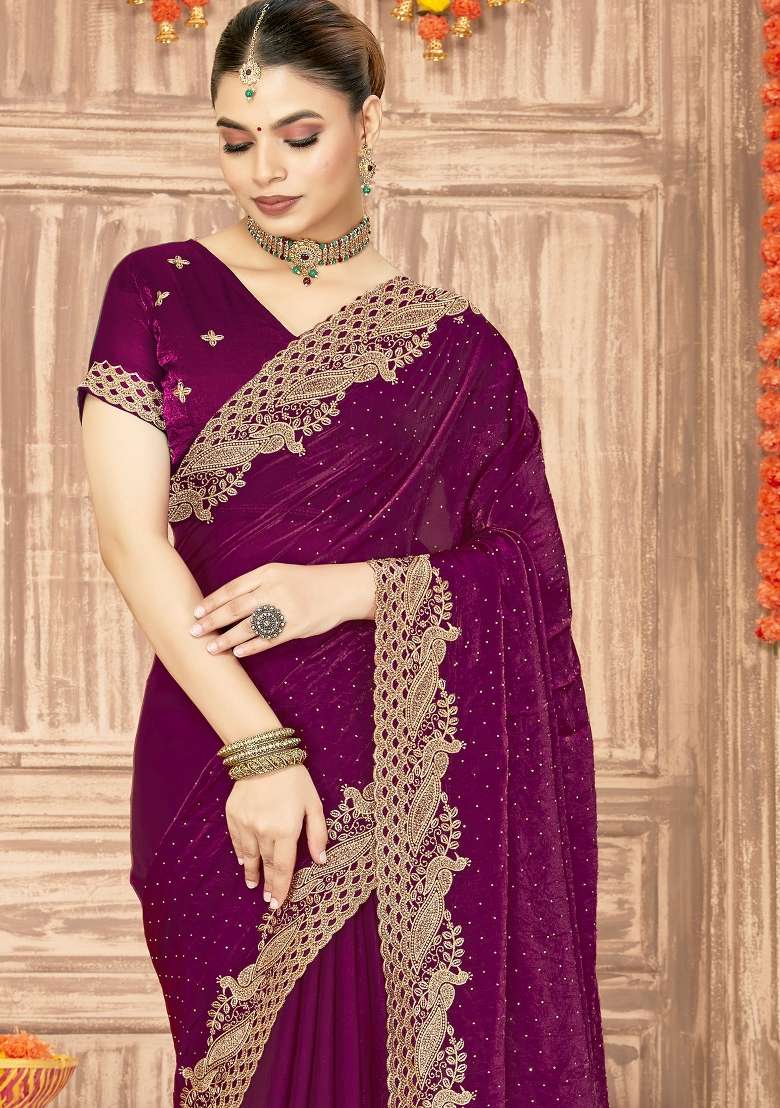 Wine Silk Blend Saree Set with Embroidered for Diwali | Wedding & Festive Wear - Indya