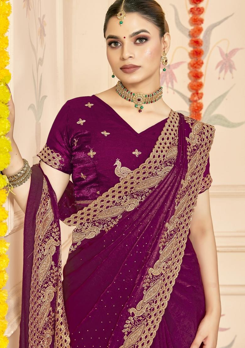 Wine Embroidered Silk Saree Set - Indya