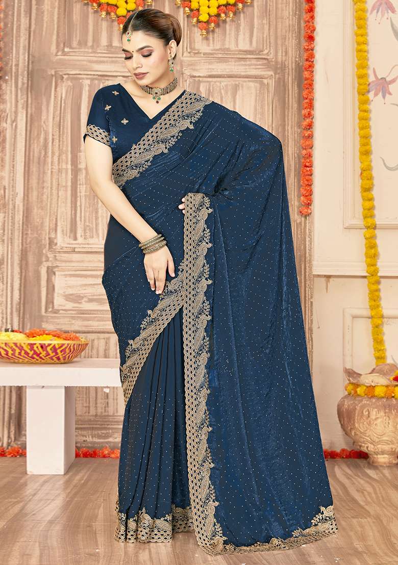 Teal Blue Embroidered Silk Blend Saree Set for Diwali and Festive Wear - Indya