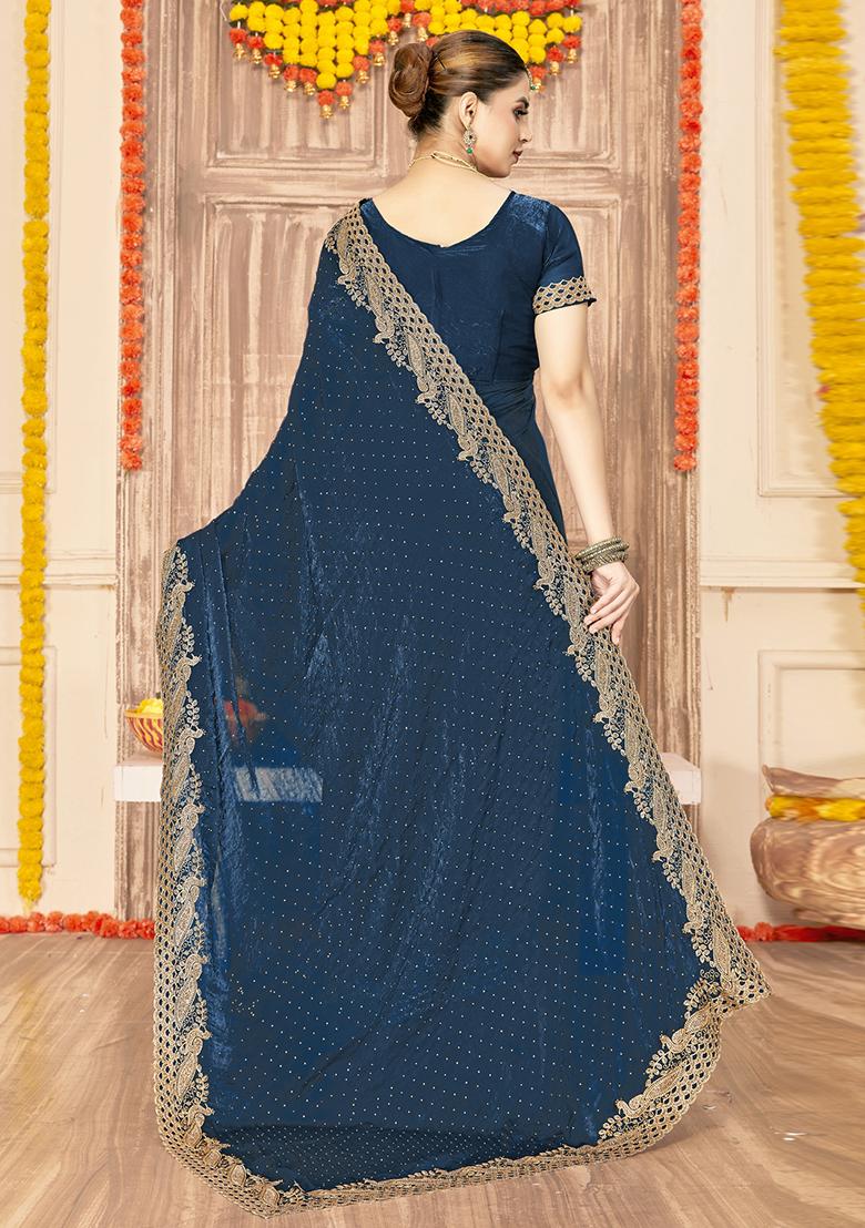 Teal Blue Embroidered Silk Saree Set - Indya