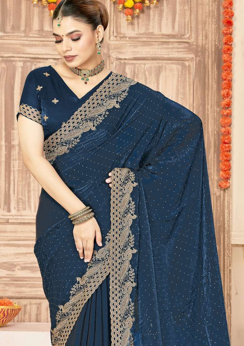 Teal Blue Embroidered Silk Blend Saree Set for Diwali and Festive Wear - Indya