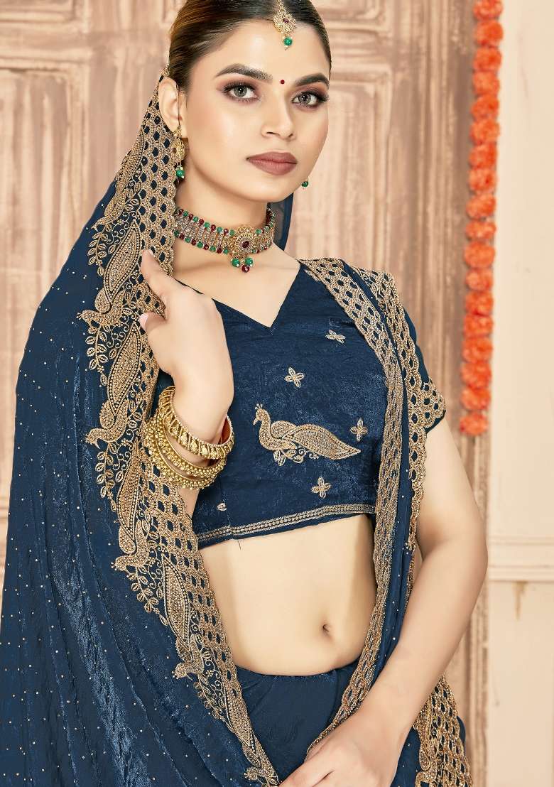Teal Blue Embroidered Silk Blend Saree Set for Diwali and Festive Wear - Indya