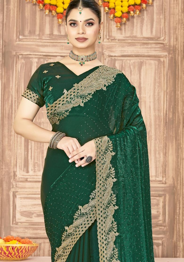 Bottle Green Embroidered Silk Saree Set - Indya