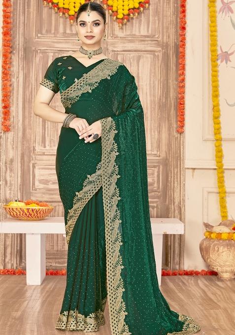 Bottle Green Embroidered Silk Saree Set