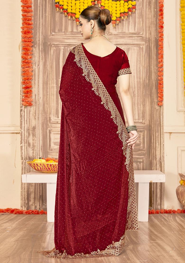 Maroon Embroidered Silk Saree Set - Indya