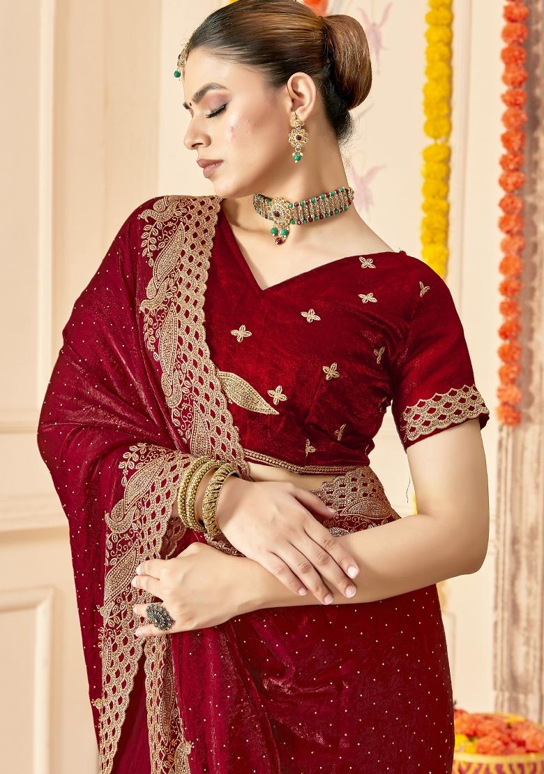 Maroon Embroidered Silk Saree Set - Indya