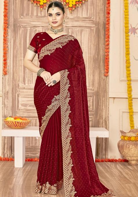 Maroon Embroidered Silk Saree Set