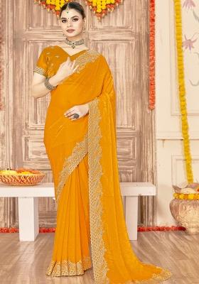 Mustard Embroidered Silk Saree Set