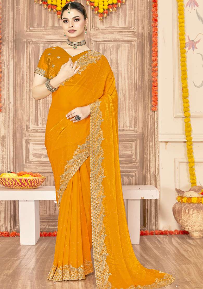 Mustard Embroidered Silk Blend Saree Set for Diwali and Festive Wear - Indya