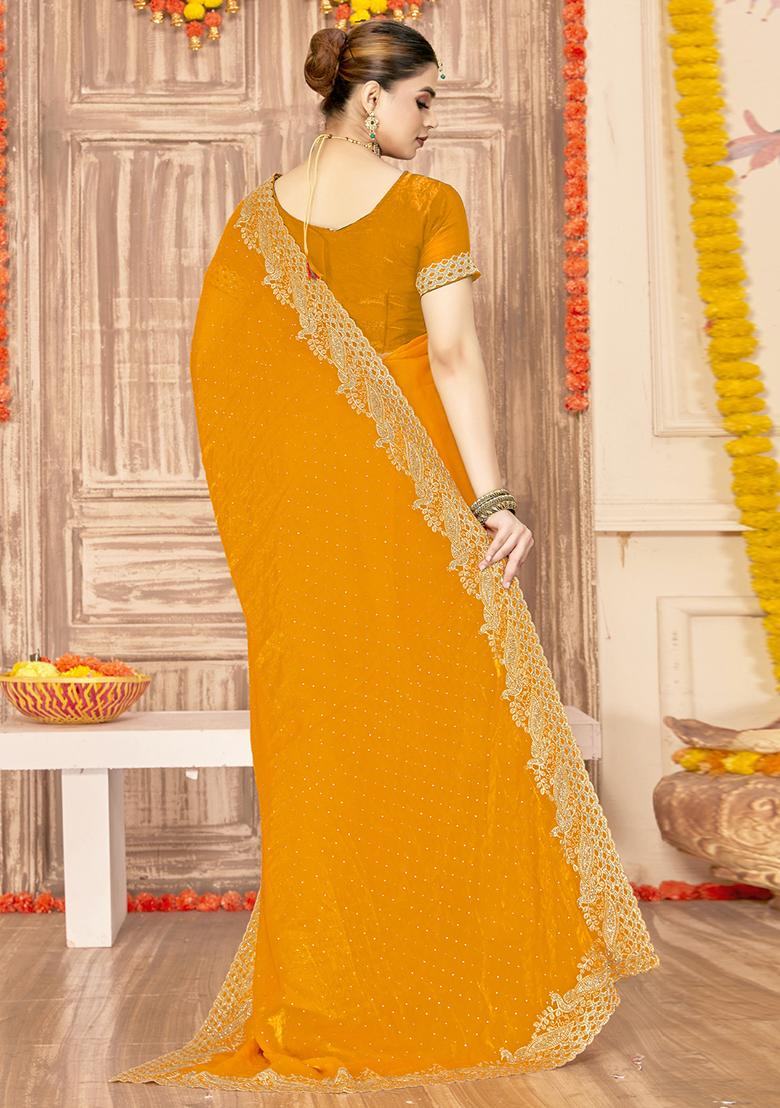 Mustard Embroidered Silk Saree Set - Indya