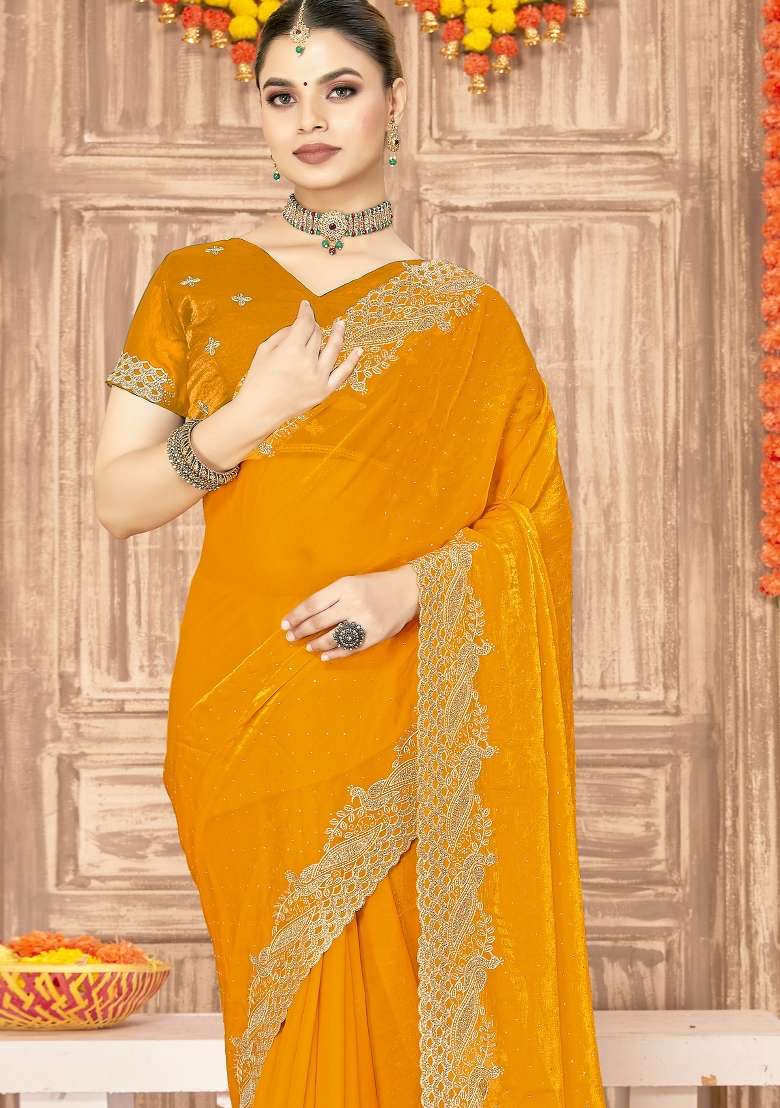 Mustard Embroidered Silk Blend Saree Set for Diwali and Festive Wear - Indya