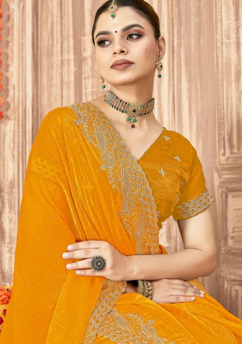 Mustard Embroidered Silk Saree Set - Indya