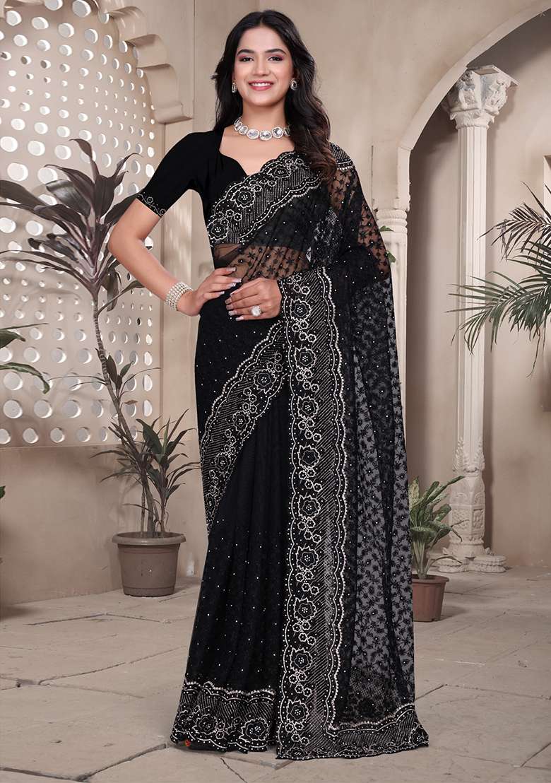 Black Embroidered Net Saree Set for Diwali and Festive Wear - Indya