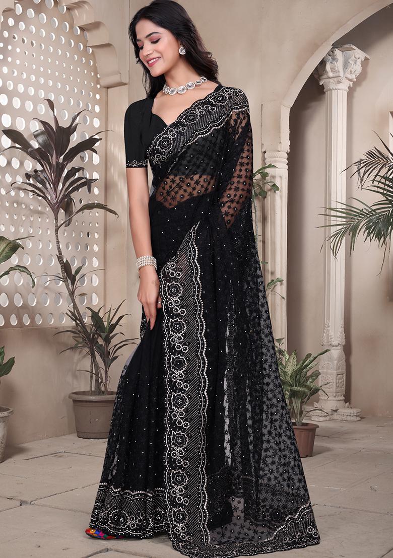 Black Embroidered Net Saree Set - Indya