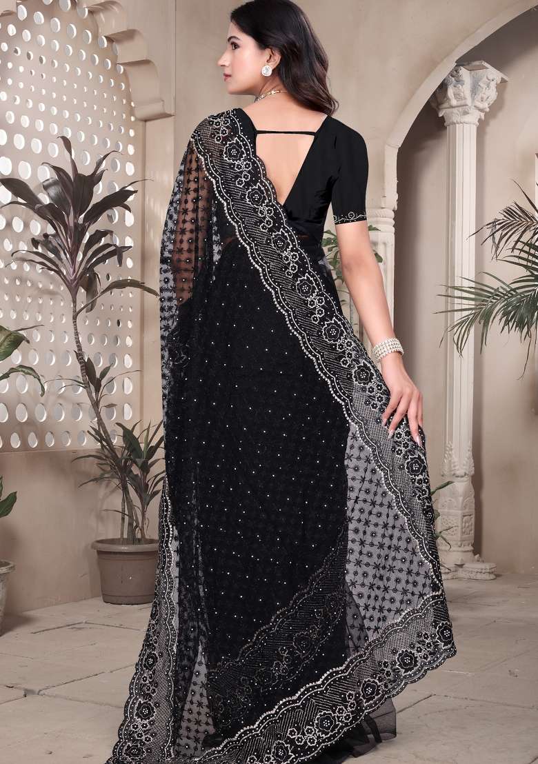 Black Embroidered Net Saree Set for Diwali and Festive Wear - Indya