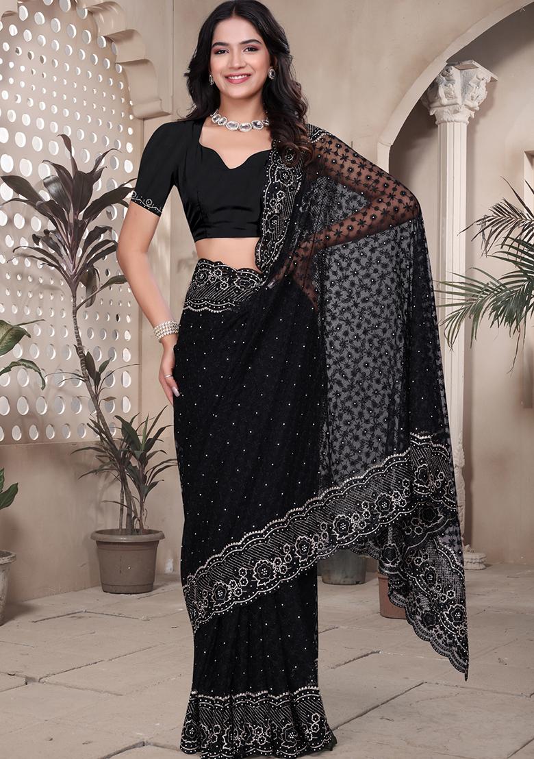 Black Embroidered Net Saree Set - Indya