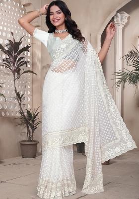 White Embroidered Net Saree Set