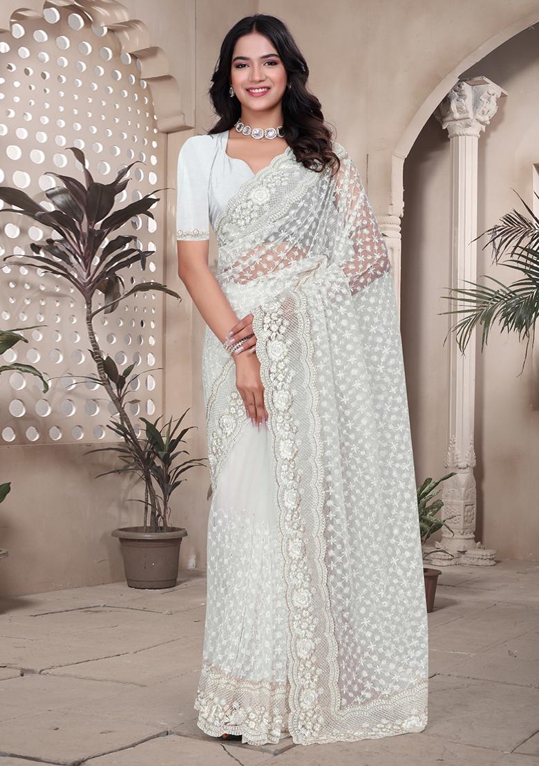 White Embroidered Net Saree Set - Indya