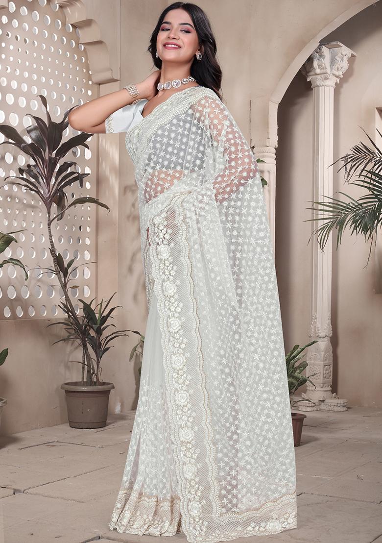 White Embroidered Net Saree Set - Indya