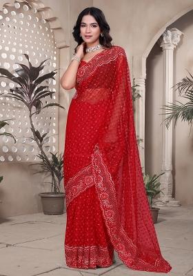 Red Embroidered Net Saree Set