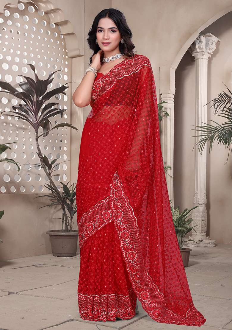 Red Net Saree Set with Embroidered for Diwali | Wedding & Festive Wear - Indya