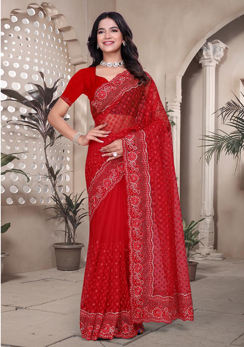 Red Embroidered Net Saree Set - Indya