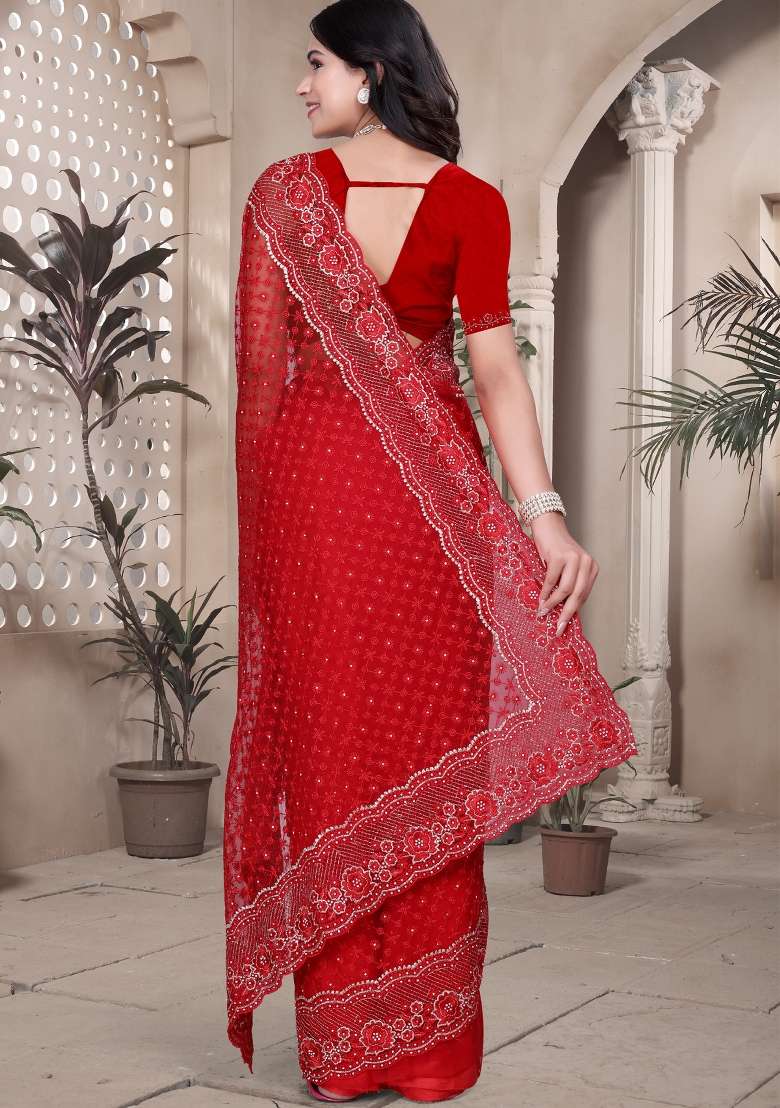 Red Net Saree Set with Embroidered for Diwali | Wedding & Festive Wear - Indya