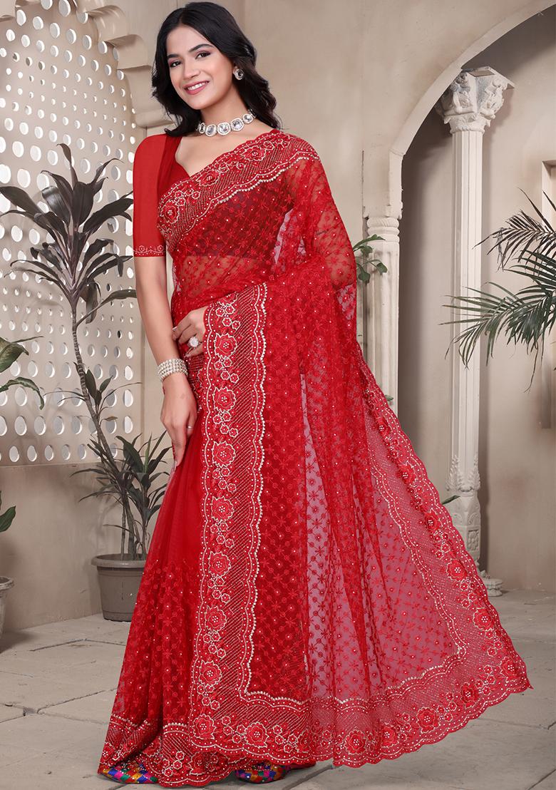 Red Embroidered Net Saree Set - Indya