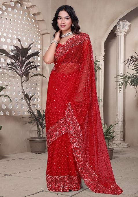 Red Embroidered Net Saree Set