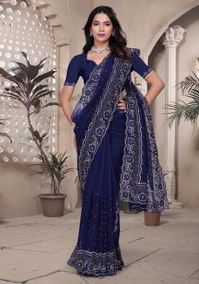 Navy Blue Embroidered Net Saree Set