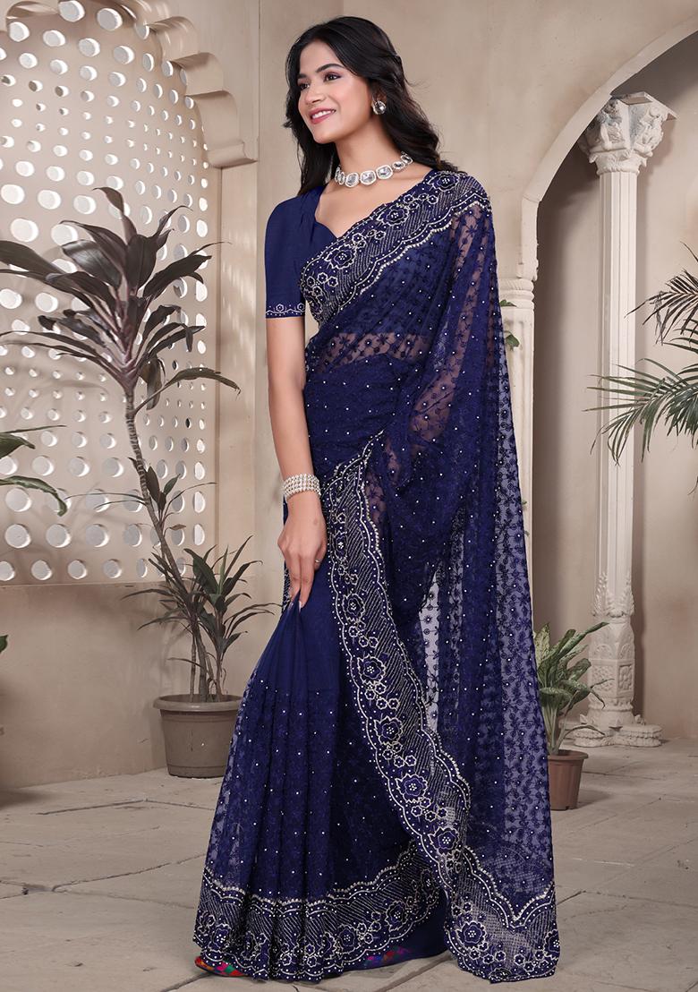 Navy Blue Embroidered Net Saree Set - Indya