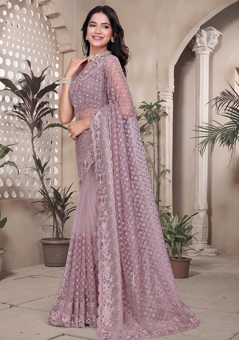 Lavender Embroidered Net Saree Set - Indya