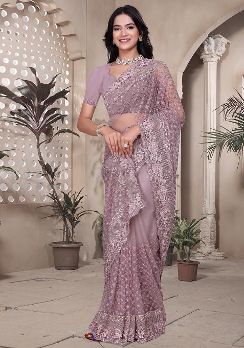 Lavender Embroidered Net Saree Set