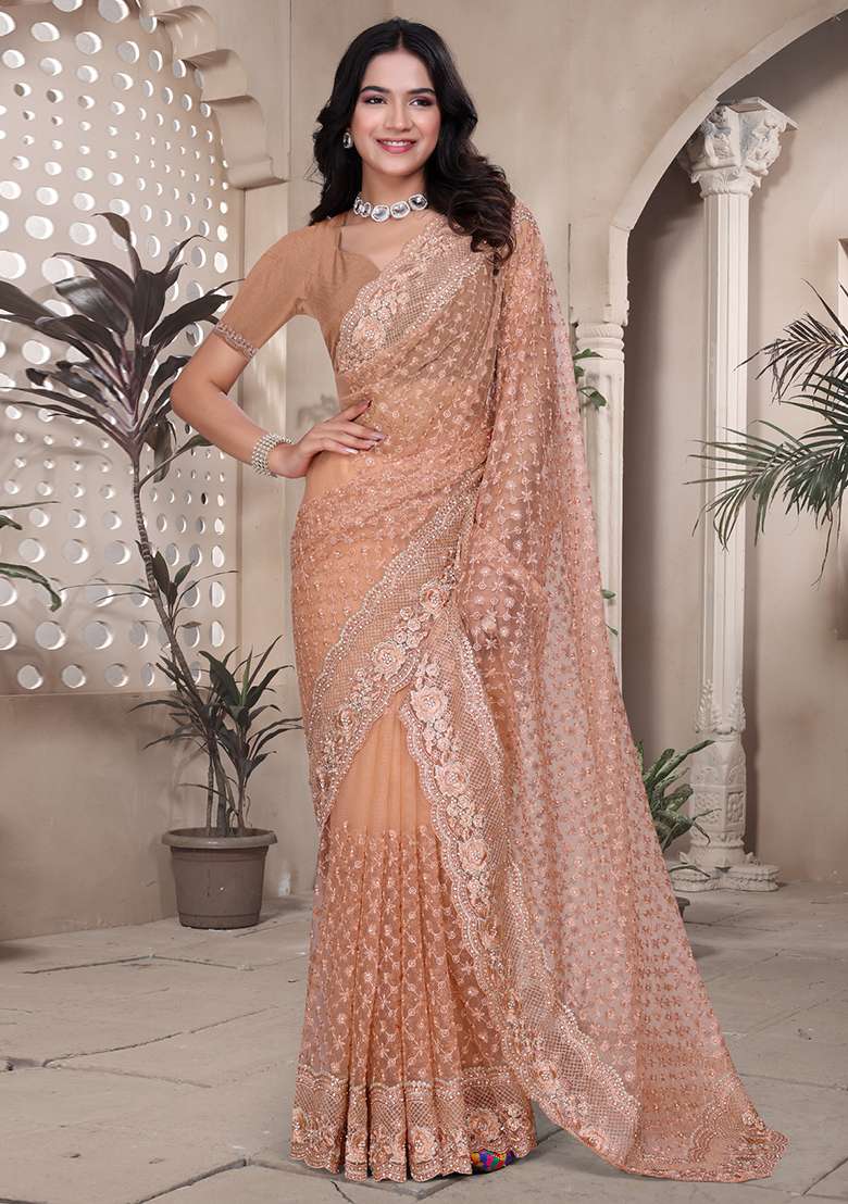 Peach Embroidered Net Saree Set for Diwali and Festive Wear - Indya